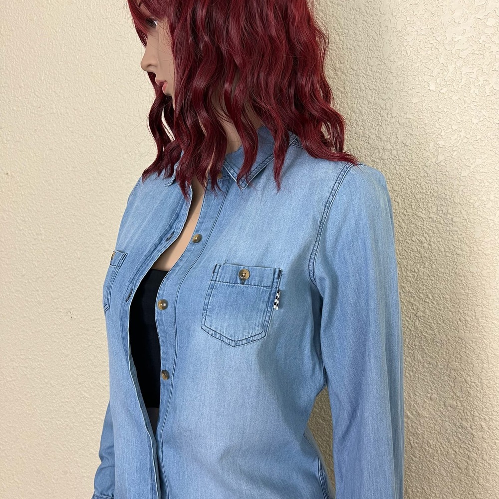 Vans Chambray Button Down Top Womens Xs Blue Coll… - image 2